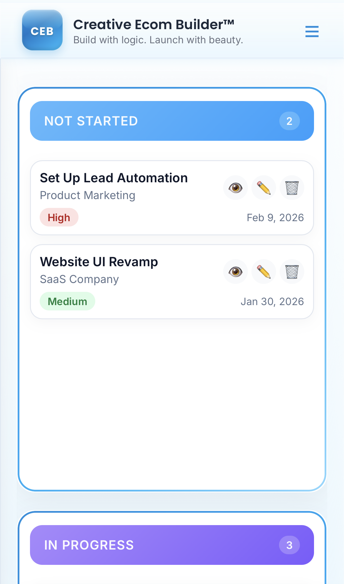 Creative Ecom Builder Kanban Board