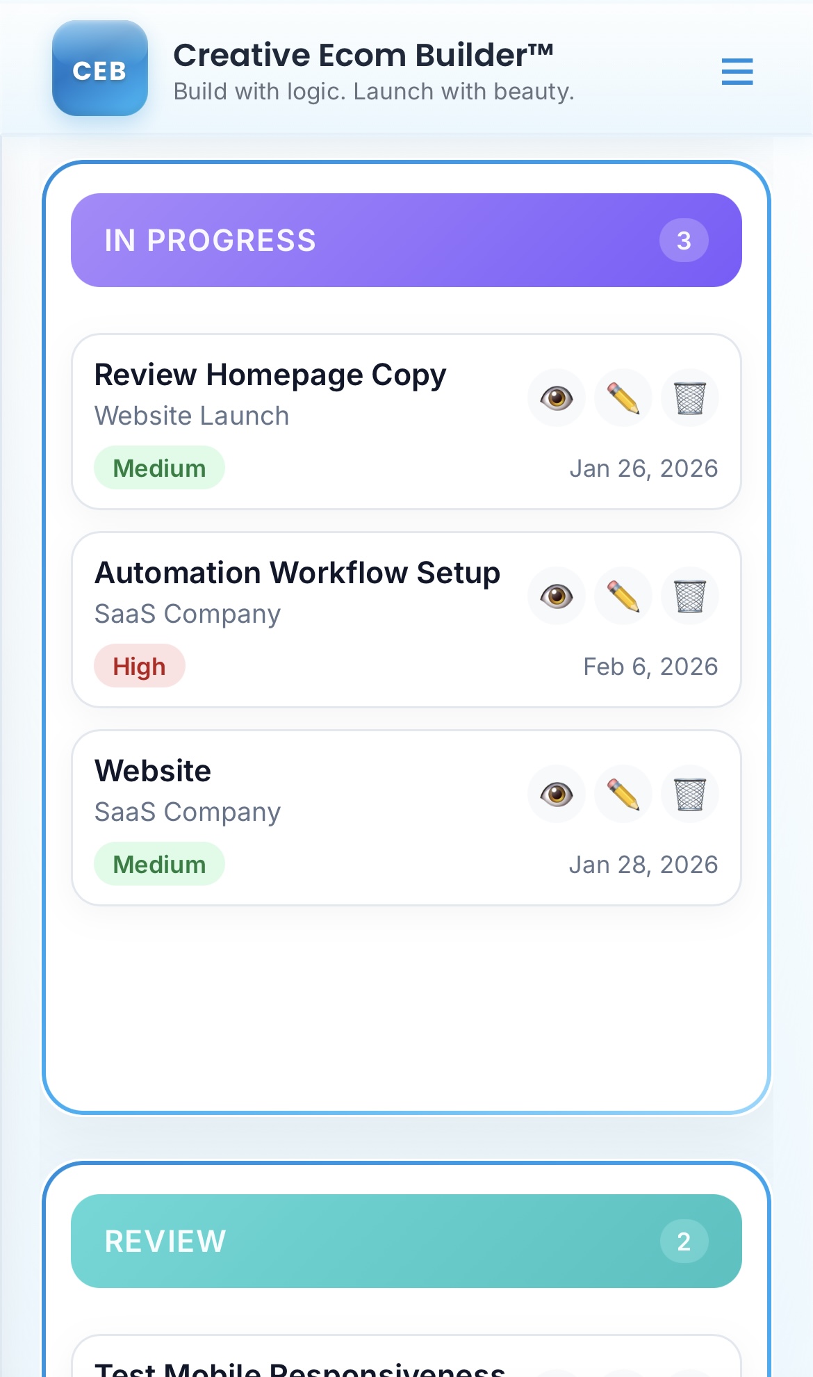 Creative Ecom Builder Tasks Kanban View
