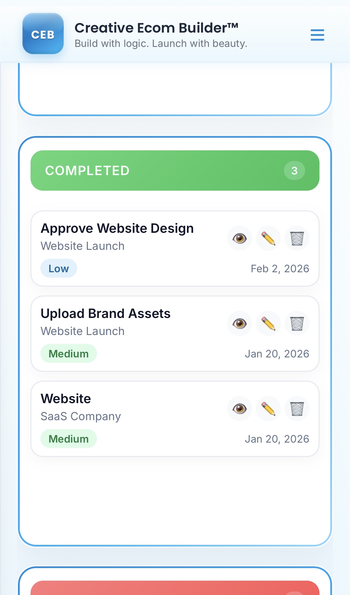 Creative Ecom Builder Tasks List View