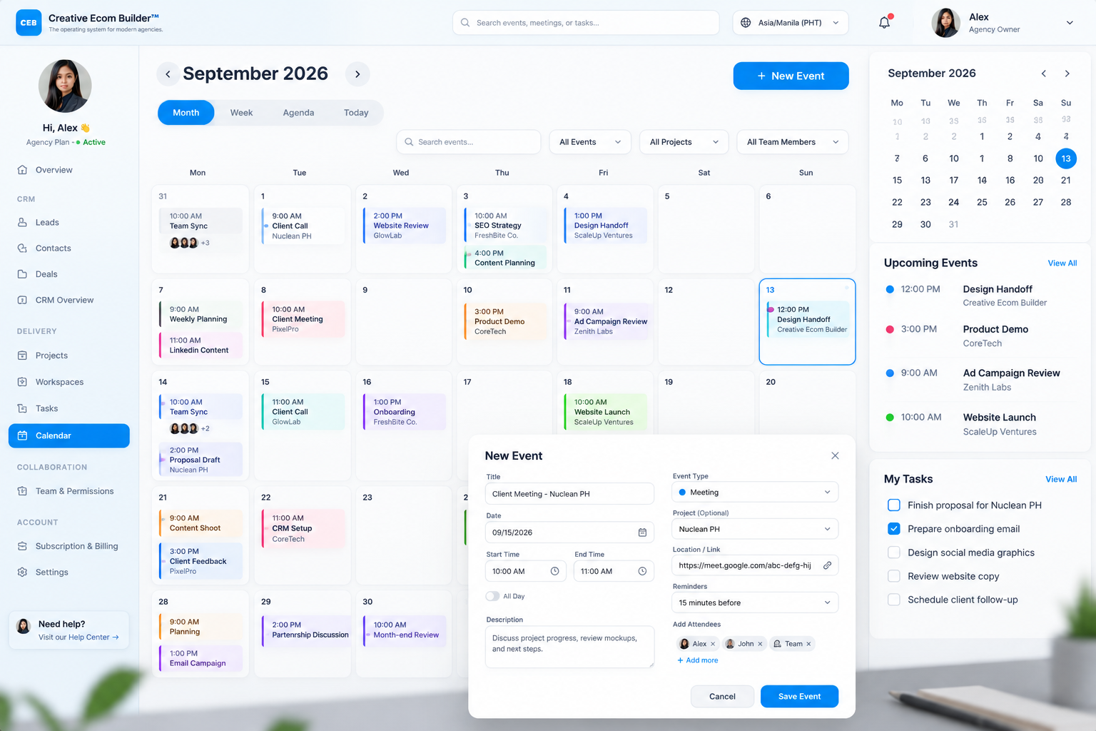 Creative Ecom Builder calendar scheduling interface showing scheduled events and follow-up actions