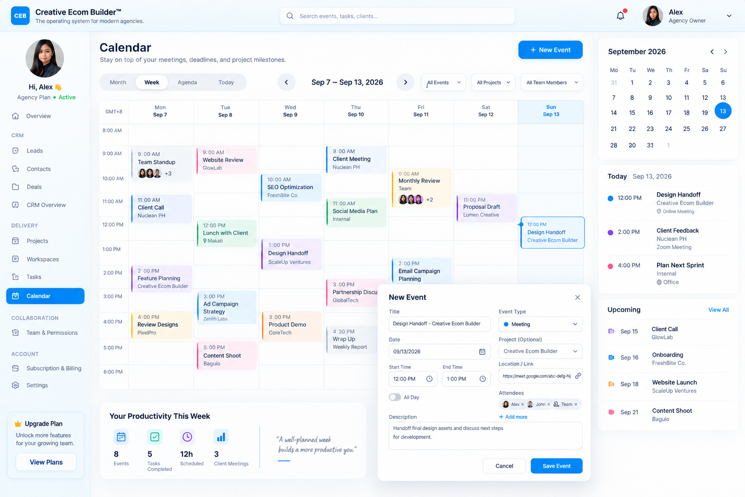Creative Ecom Builder weekly calendar workspace showing scheduled work and events
