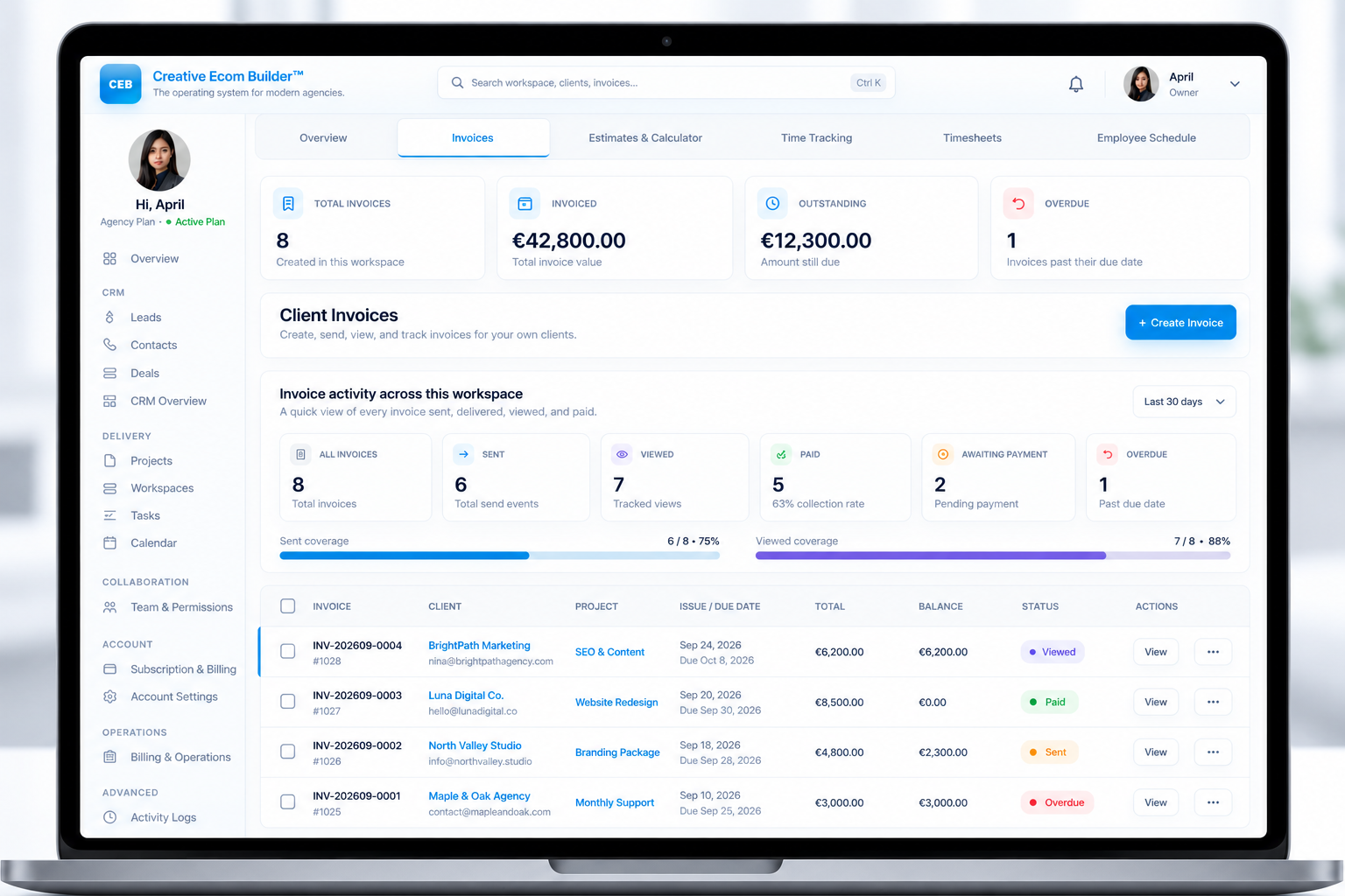 Creative Ecom Builder invoice management dashboard