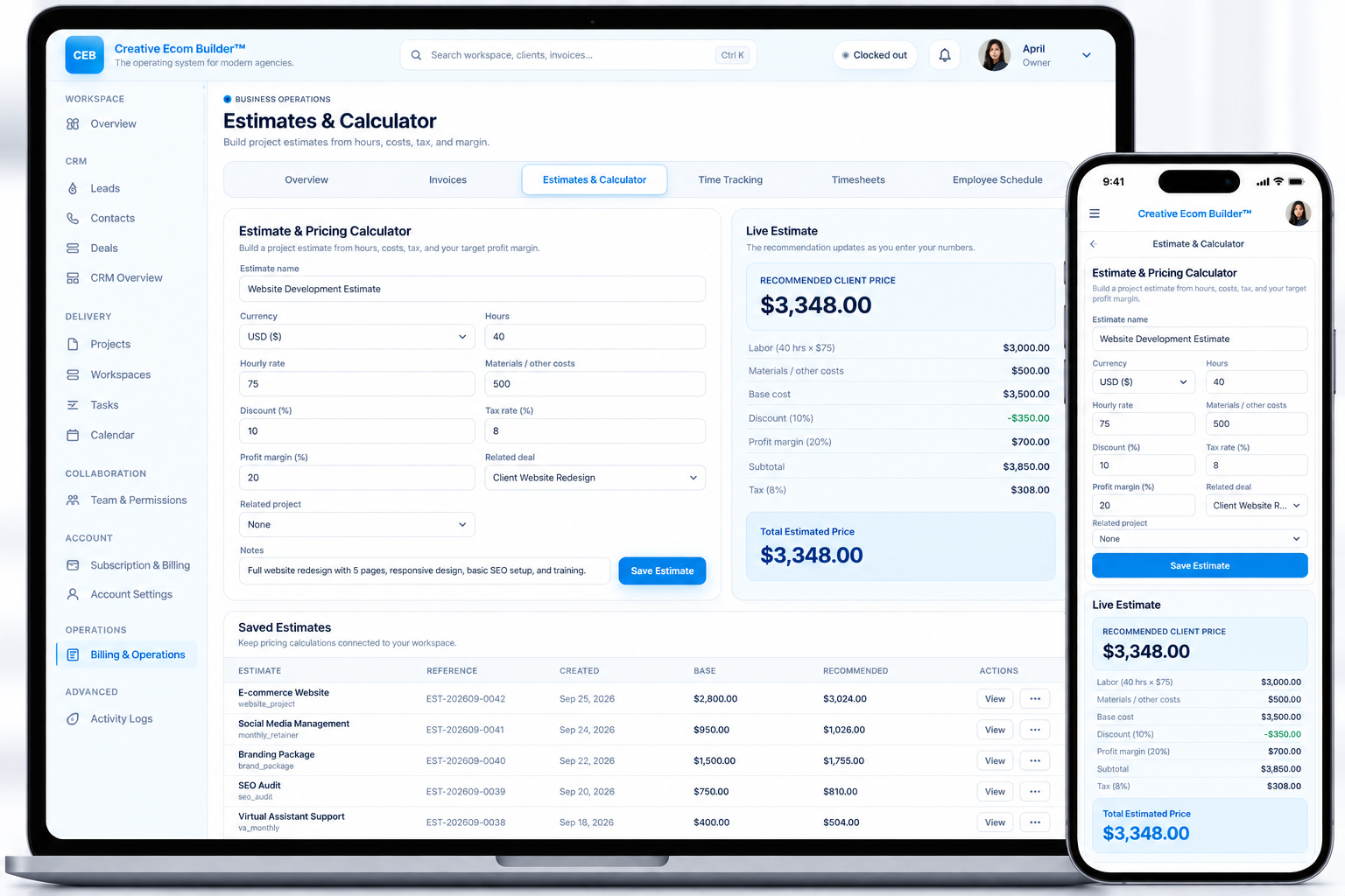 Creative Ecom Builder estimates and pricing calculator on desktop and mobile