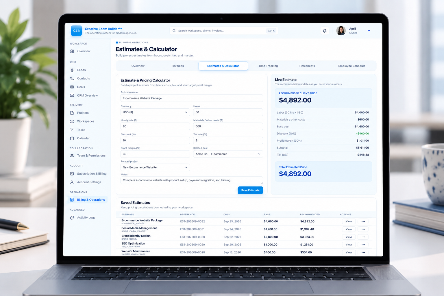 Creative Ecom Builder estimates calculator in a workspace setting