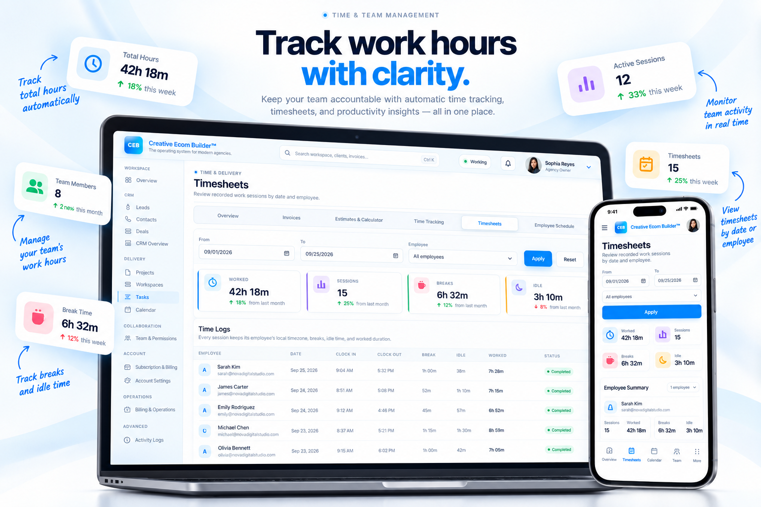 Creative Ecom Builder timesheets and time tracking interface