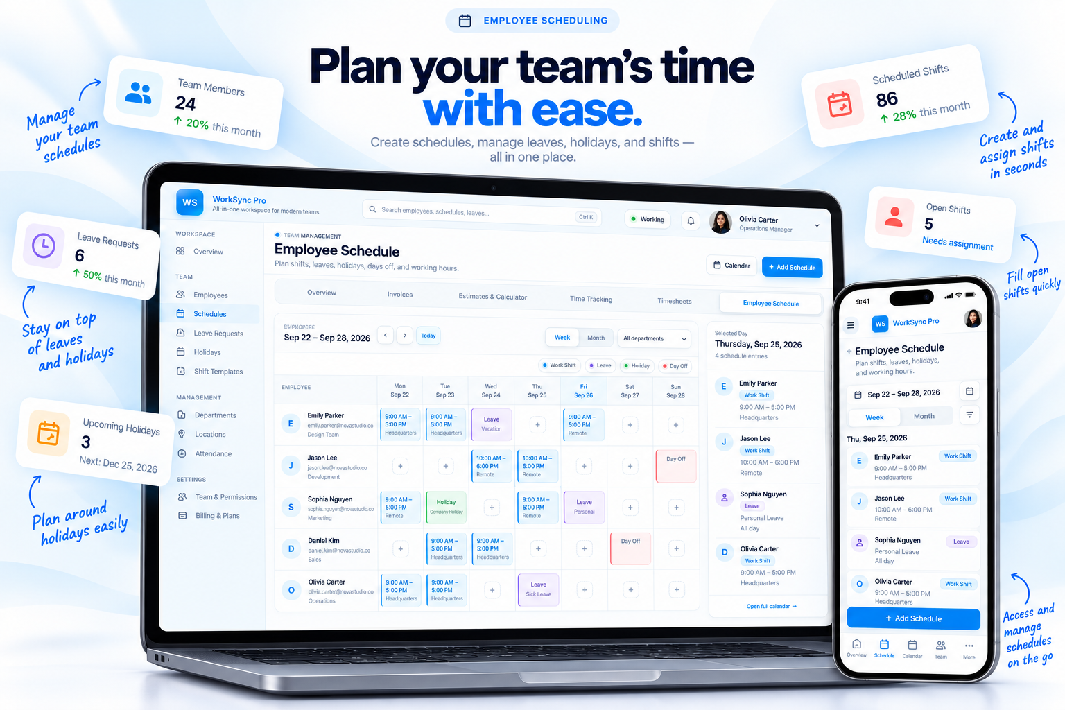Creative Ecom Builder employee scheduling dashboard on laptop and mobile
