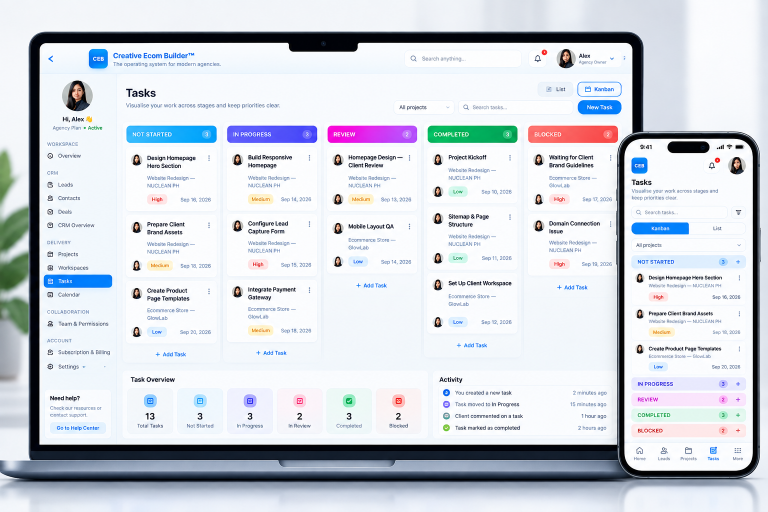 Creative Ecom Builder task execution system with List and Kanban task management