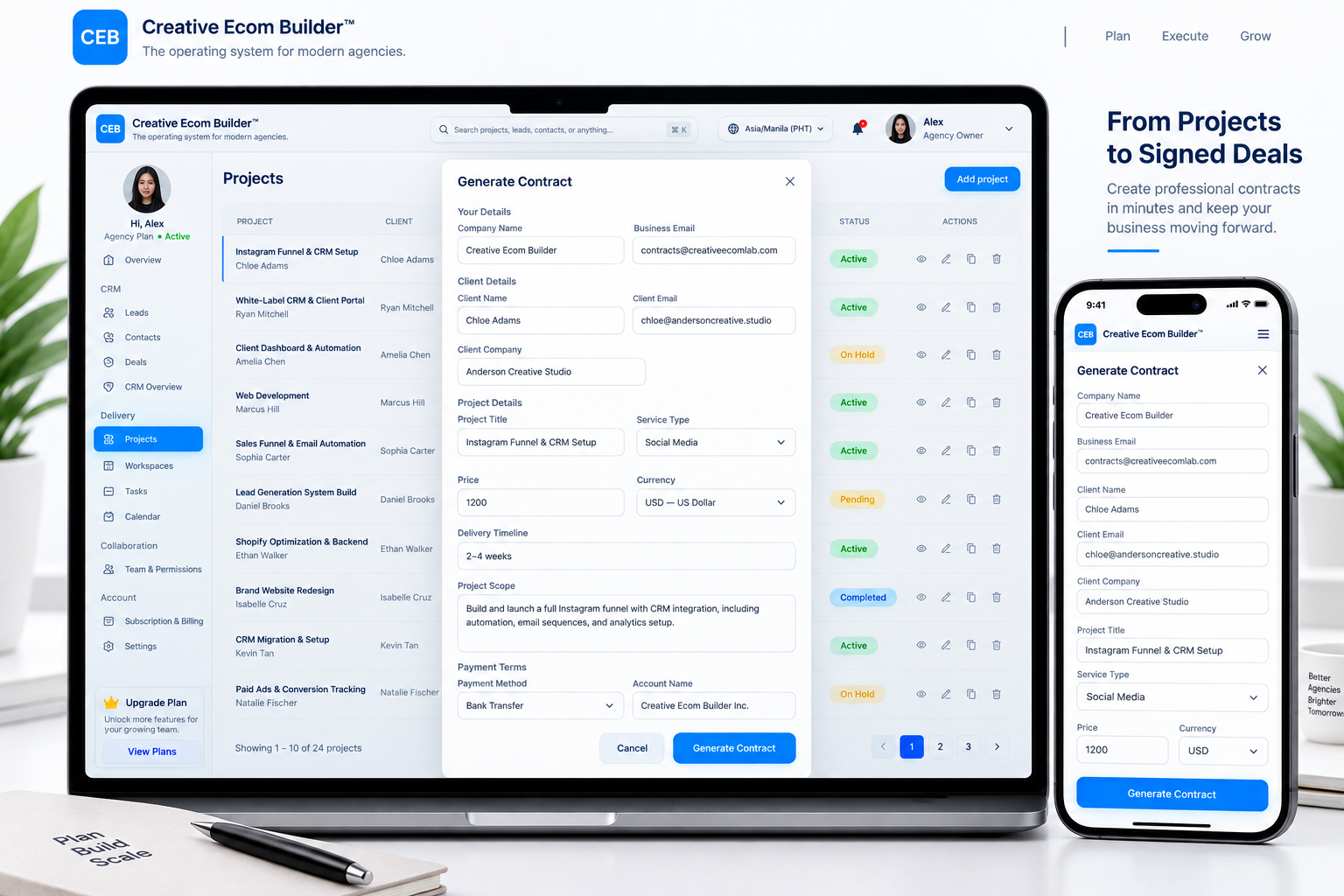 Creative Ecom Builder contract management workflow connected to projects, client onboarding, and the client portal