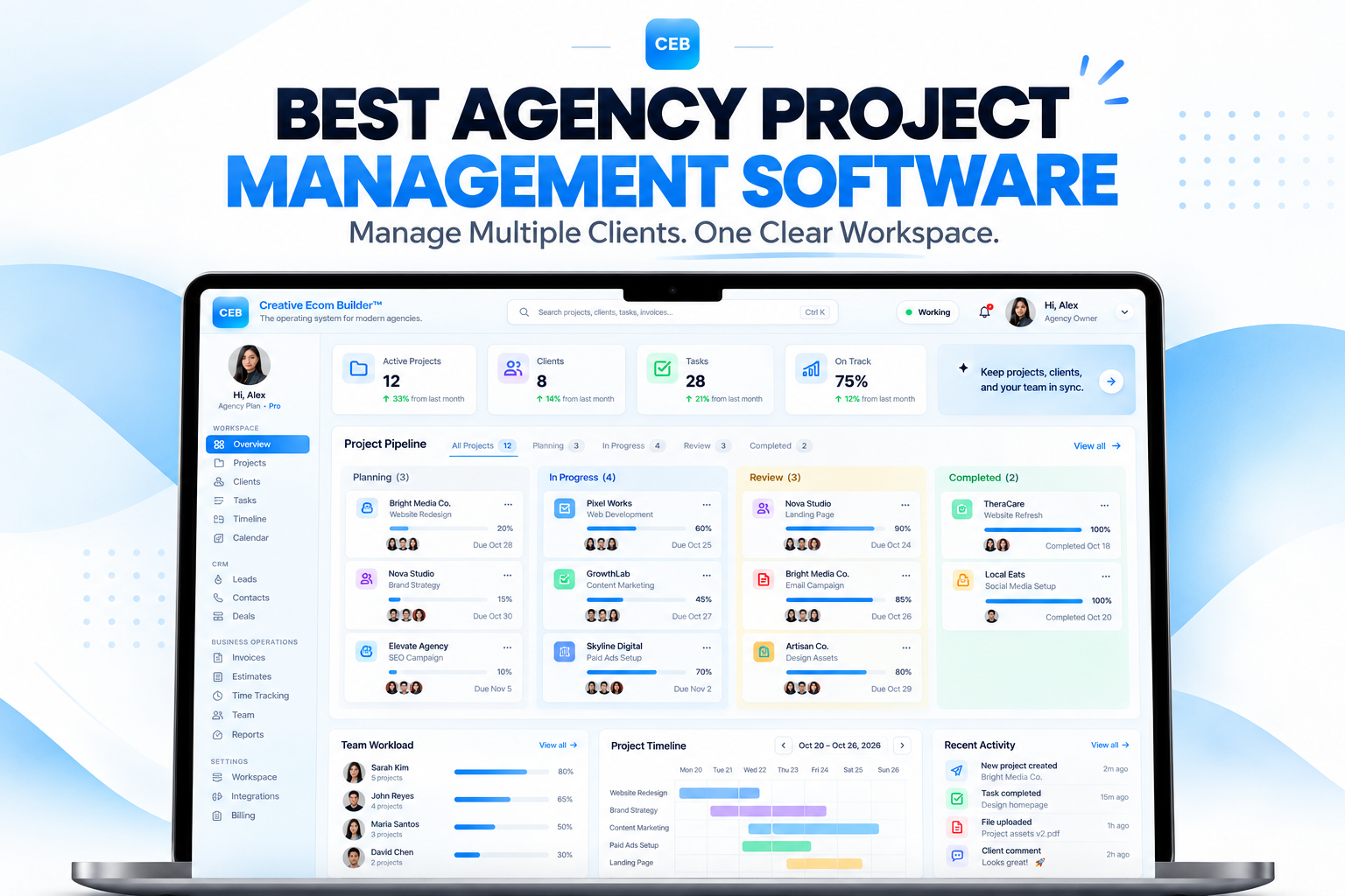 Agency project management dashboard showing multiple client projects, tasks, deadlines, and workflow tracking.