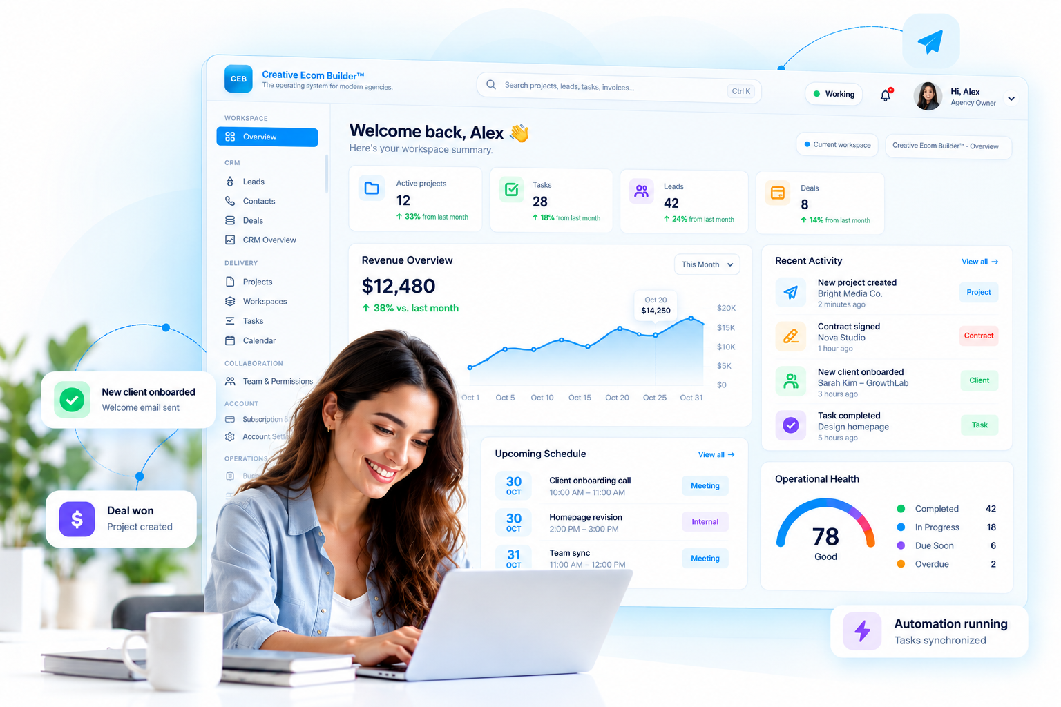 Creative Ecom Builder business management workspace illustration featuring a laptop, business dashboard, connected client workflows, tasks, and automated operations.
