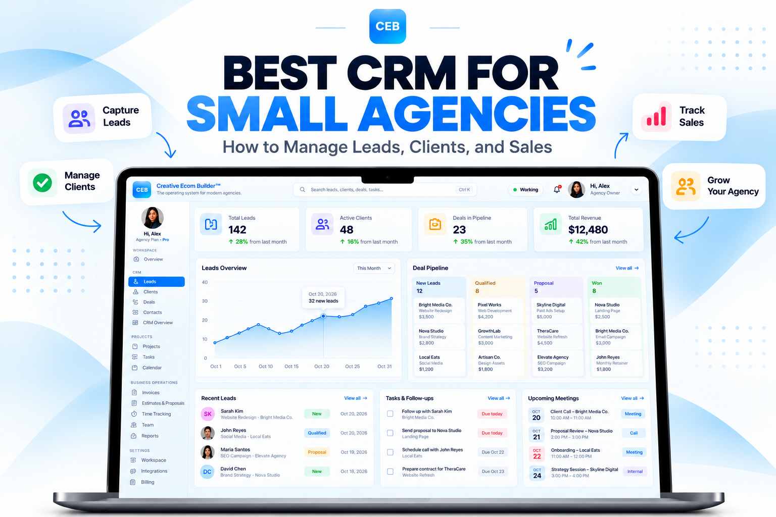 Modern CRM dashboard for small agencies showing lead management, client records, and sales pipeline organization.